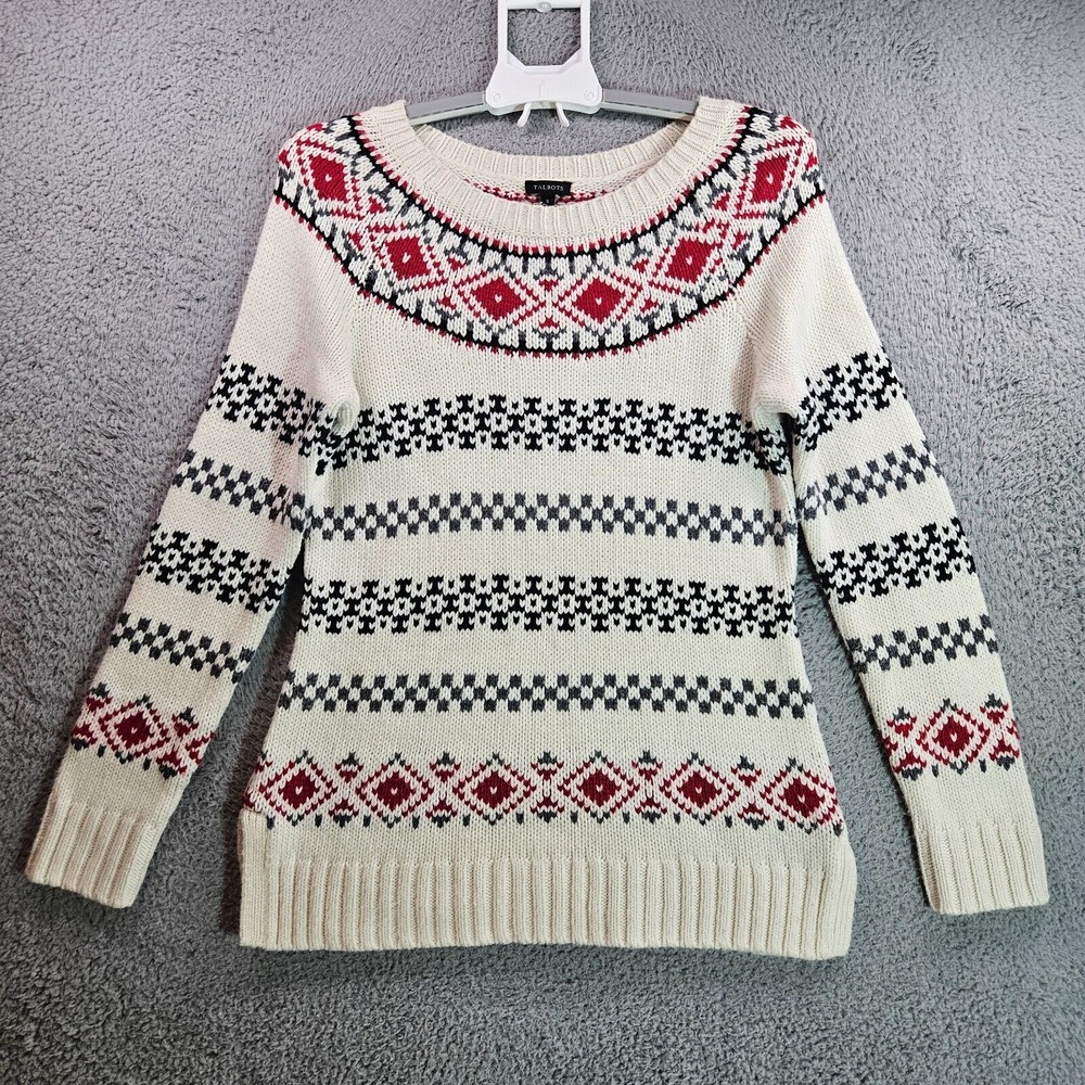 Talbots Sweater Women Small Nordic Aztec Fair lsle Wool Blend Off-White - S